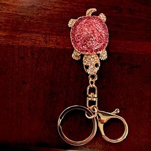 Pink turtle keychain for women or girls, rhinestones, sparkly bag charm.Adorable